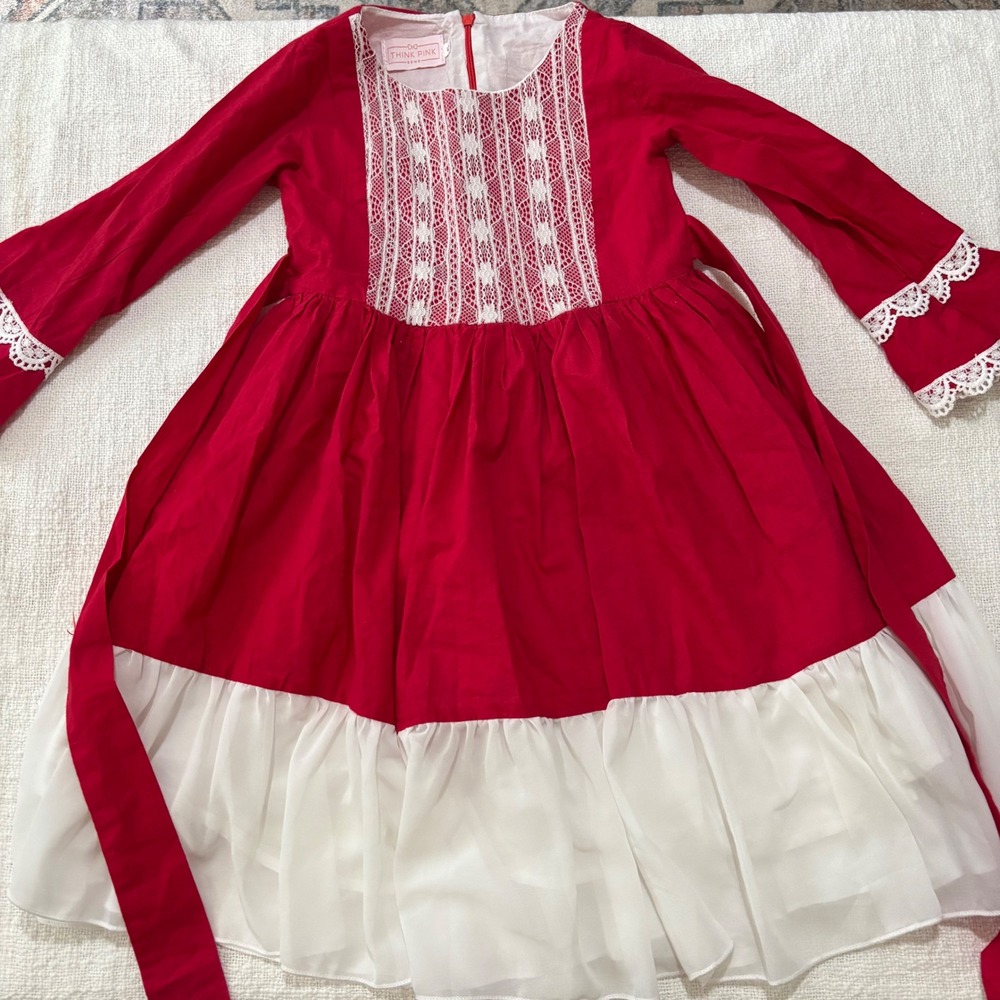 Think Pink Bows Girls Red Lace Bib Long Sleeve Ruffle Hem Dress Size 6